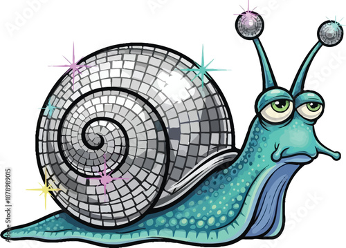 Snail with disco ball for shell, representing fun, celebration and nightlife, quirky character with sparkling ambiance, funny creature, party theme
