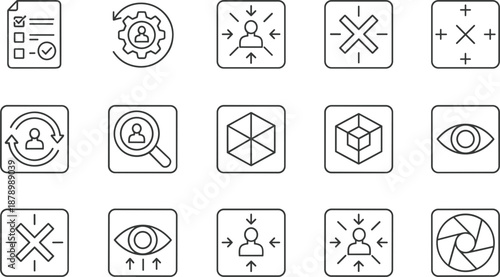 Business management and monitoring line icon set featuring user profiles data analysis magnifying glass checklists and vision symbols.