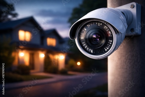 Security Camera Monitoring Suburban Home at Dusk with Warm Lighting