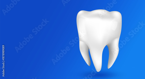 Tooth white realistic 3d vector isolated on blue background. Healthy white tooth dental clinic for whitening and oral hygiene. Dentistry concept.