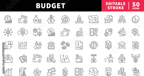 Budget editable line icons set. Money and finance symbols