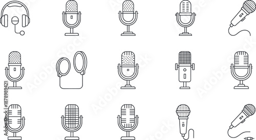 Collection of minimalist line icons featuring microphones and headphones, representing audio recording, podcasting, broadcasting, music production, communication technology