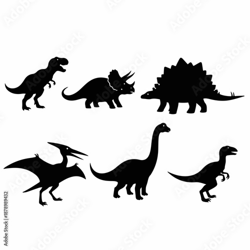 Vector collection of six different dinosaur silhouettes in black on a white background, featuring T-Rex, Triceratops, Stegosaurus, Pterodactyl, and Brontosaurus.