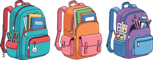 Colorful illustrated school backpacks with books, notebooks, pencils, and art supplies, representing education, creativity, learning readiness, and student essentials for modern classrooms.