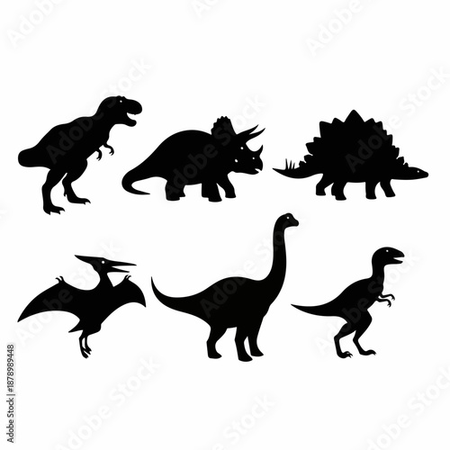 Set of six cartoon dinosaur silhouettes on white background including T-Rex, Triceratops, Brachiosaurus, Stegosaurus, Velociraptor, and Pterodactyl.
