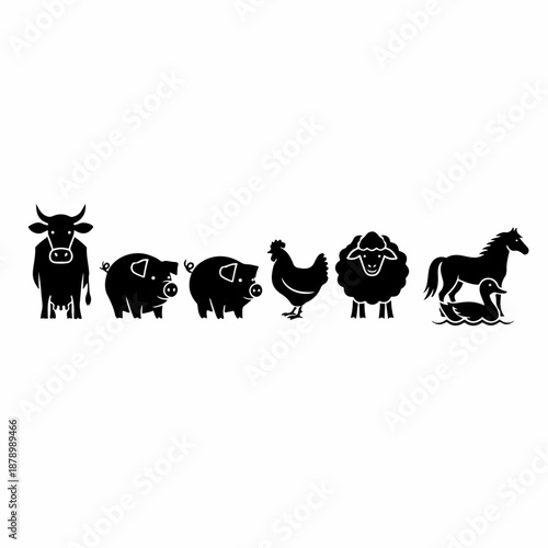 Farm Animals Icon Set: Black Silhouettes of Cow, Pigs, Chicken, Sheep, Horse, and Duck for Agriculture and Livestock Design.
