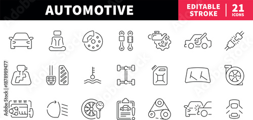 Automotive editable line icons set. car and vehicle symbols