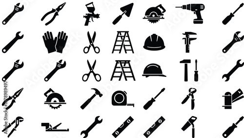 Construction, Repair, Hardware, DIY, Carpenter, Hand, Tools, Industrial, Building, Maintenance, Renovation, Equipment, Black, Flat, Solid, Glyphs, Professional, Project, Workshop, Work