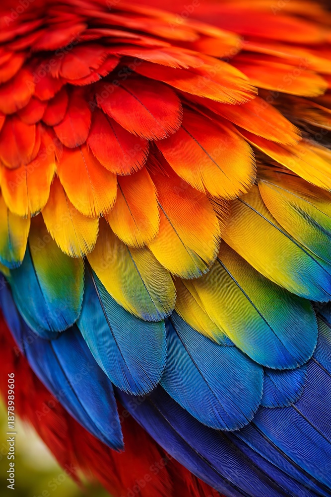 Fototapeta premium Vibrant Macaw Feathers in Red, Orange, Yellow, and Blue