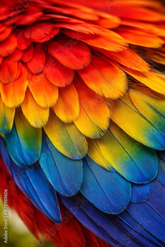 Vibrant Macaw Feathers in Red, Orange, Yellow, and Blue