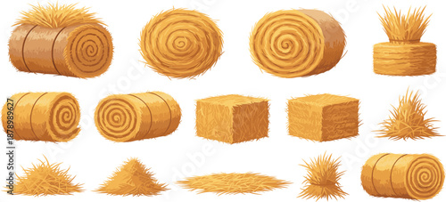 Set of illustrated hay bales and straw stacks in various shapes, representing agriculture, farming harvest, rural landscape, livestock feed, and natural organic materials.