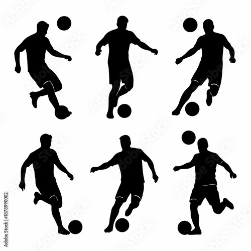 Vector silhouettes collection of football/soccer players in action poses, including dribbling, shooting, and heading, against a clean white background.
