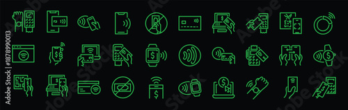 Set of 30 outline icons related to contactless pay. Linear icon collection. Editable stroke. Vector illustration