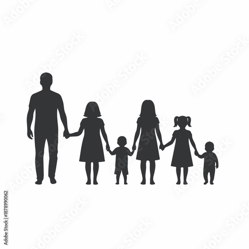 Silhouette icon of a single parent (father) holding hands with five children, representing a large family, parental care, and childhood unity.