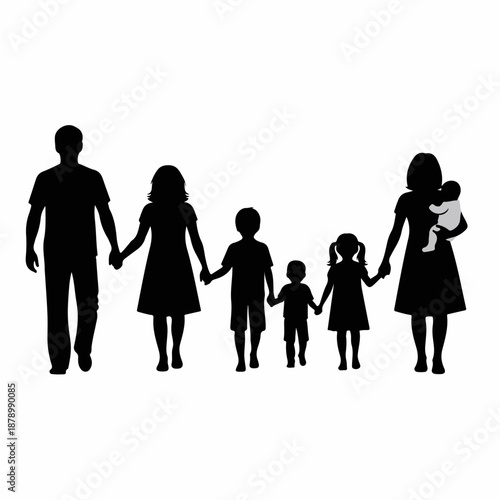 Black silhouette of a large family walking together holding hands, including parents and four children (one infant), symbolizing togetherness and unity.