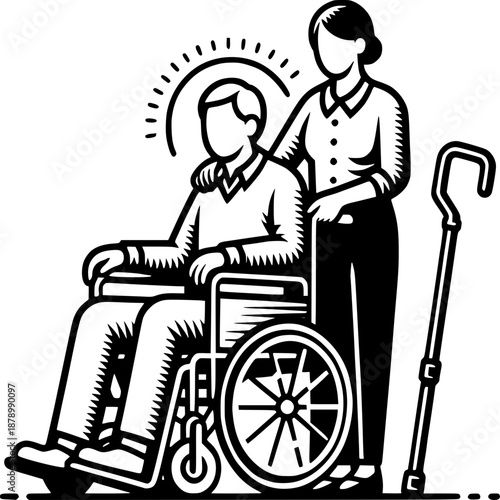 Supporting Hand: A symbol of empathy and care, where a compassionate caregiver assists a person in a wheelchair, illustrating support and mobility.