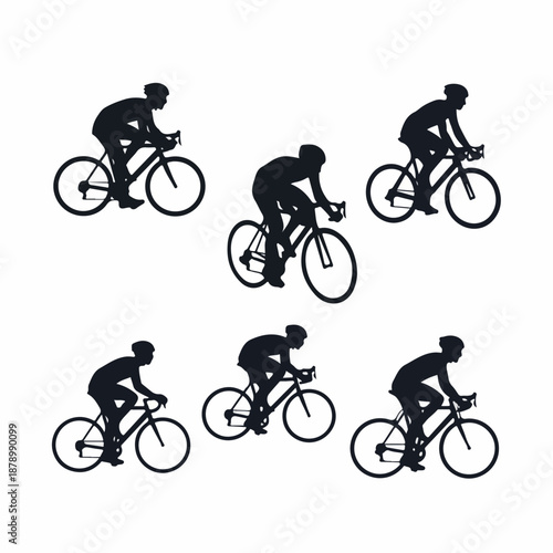 Six dynamic cycling silhouettes vector collection, featuring racers on road bikes in various competitive positions, ideal for sports design and logo elements.
