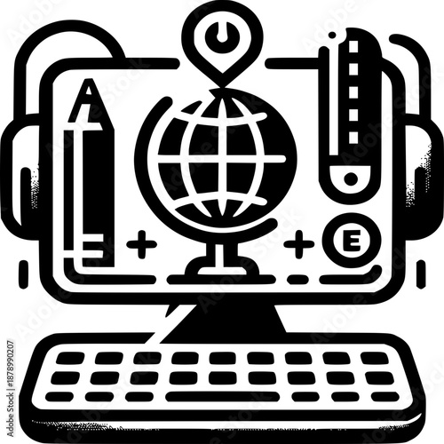 Global learning and digital education: Illustrative depiction of globe, headphone and computer, symbolizes remote learning and virtual experience