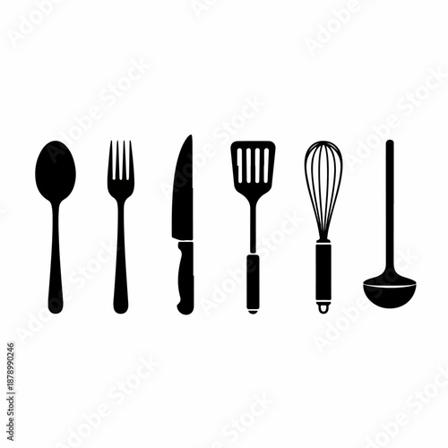 Black silhouettes of essential kitchen cutlery and cooking utensils set including spoon, fork, knife, spatula, whisk, and ladle.