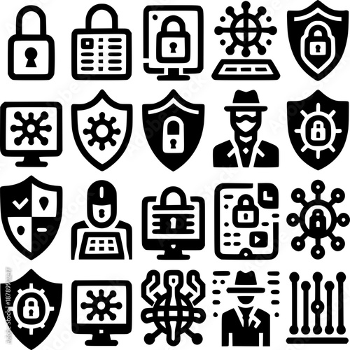 Cybersecurity Iconography: A comprehensive collection of cyber security icons, symbols and lock images, symbolizing digital protection, data privacy and security concepts.