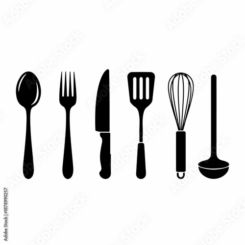 Collection of essential black silhouette kitchen utensils and cutlery: spoon, fork, knife, spatula, whisk, and ladle isolated on white.