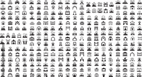 black and white icons of buildings and fireworks on white background
