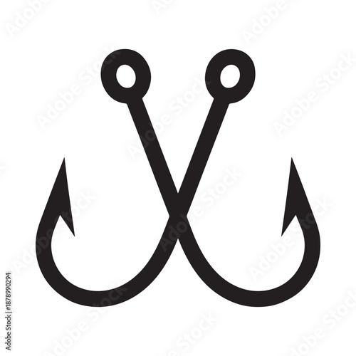 Simple black and white illustration of two crossed fishing hooks