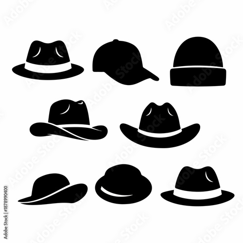 Black Silhouette Vector Icons of Various Hats Collection. Includes fedora, baseball cap, beanie, and cowboy styles on white background.