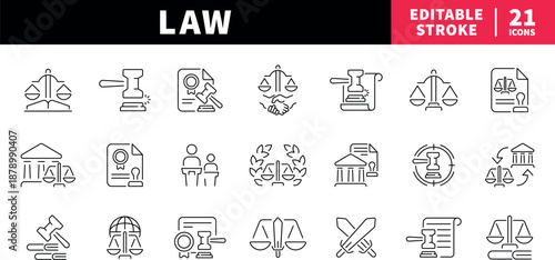 Law and justice editable line icons set. legal and court symbols