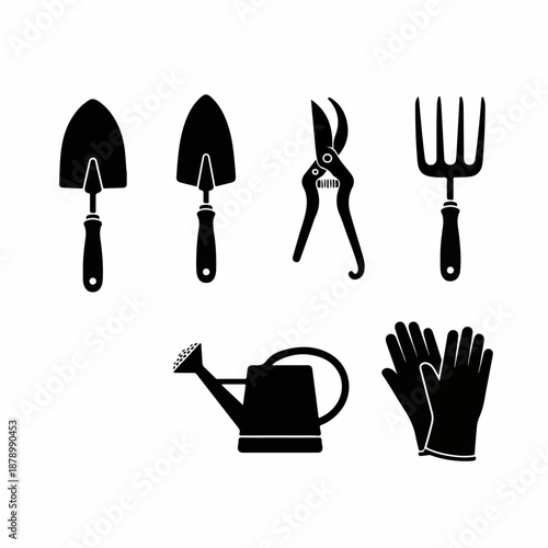 Set of essential gardening tools silhouettes: trowels, shears, fork, watering can, and protective gloves icon collection.