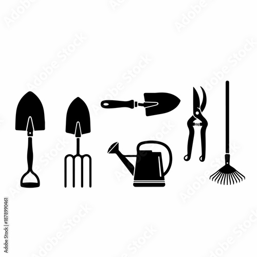 Essential Gardening Tools Silhouette Collection: Shovel, Fork, Trowel, Watering Can, Pruners, and Rake Icons.
