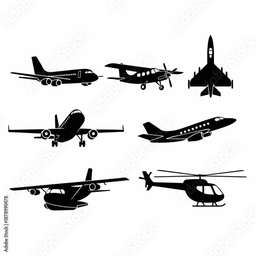 Aviation transport silhouettes set including commercial passenger jets, propeller planes, private aircraft, a military fighter jet, and a helicopter icon collection.