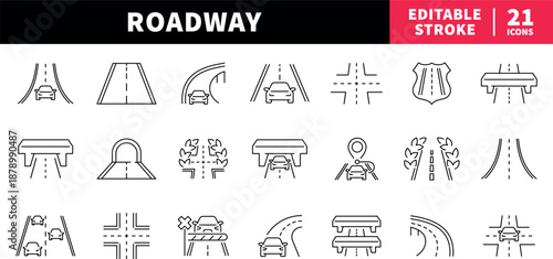 Roadway editable line icons set. highway and street symbols