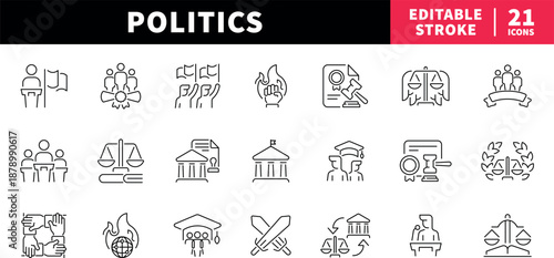 Politics editable line icons set. government and leadership symbols