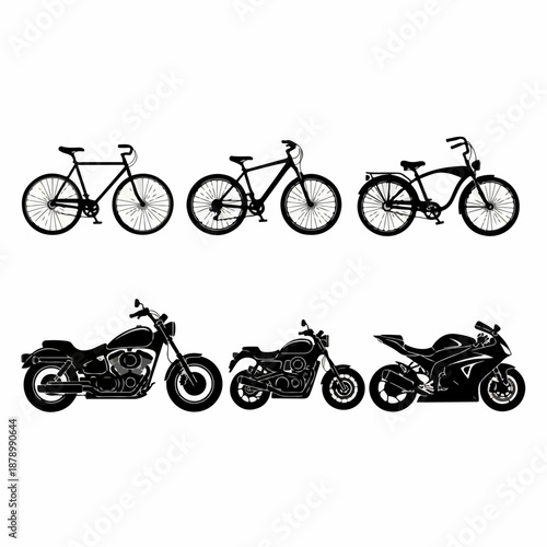Black silhouettes of bicycles and motorcycles, including road bikes, cruisers, and sport bikes, representing personal transportation and lifestyle.