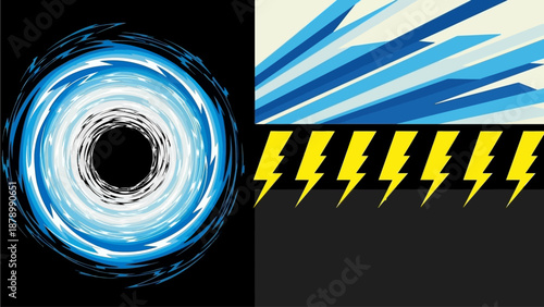 A swirling blue vortex forms amidst yellow lightning bolts on a black background with white highlights.