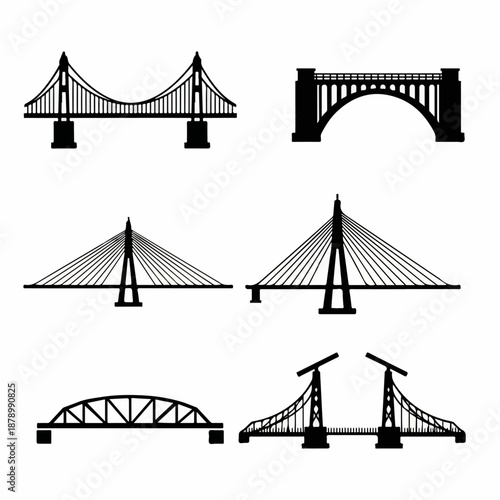 Collection of six black bridge silhouettes illustrating various architectural types, including suspension, cable-stayed, truss, arch, and drawbridges, isolated vector icons.