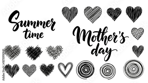 Black and white Mother's Day summer illustrations with hearts and circles