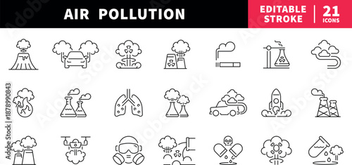 Air pollution editable line icons set. outline environmental hazard symbols