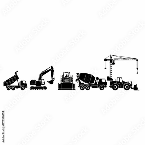 Construction Vehicles Silhouette Set: Dump Truck, Excavator, Bulldozer, Concrete Mixer, and Crane Icons for Heavy Machinery Industry.