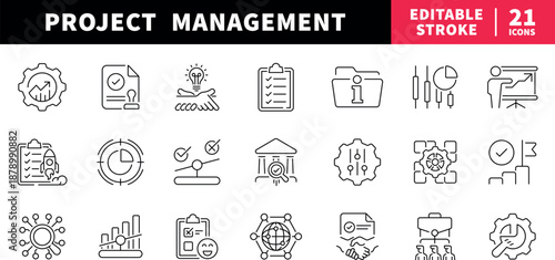 Project management editable line icons set. workflow and strategy symbols