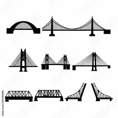 Collection of nine black silhouette icons representing various bridge types, including suspension, cable-stayed, arch, truss, and drawbridges, isolated on white.