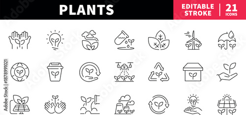 Plants editable line icons set: outline eco and gardening symbols