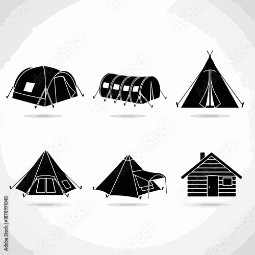 Black silhouette set of various camping tents, shelters, and an outdoor wooden cabin or hut for nature adventure and accommodation icons.