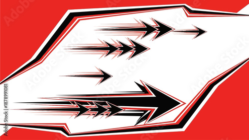 Graphic designer creates abstract arrows in motion on a red background work