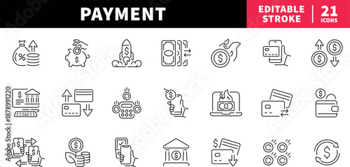 Payment editable line icons set. finance and transaction symbols