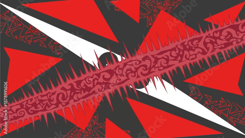 Vibrant abstract artwork features sharp red triangles and a central red patterned line on a dark background with white accents.