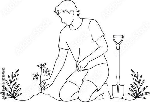Continuous single line drawing of person planting sapling with shovel, gardening and ecology concept vector illustration