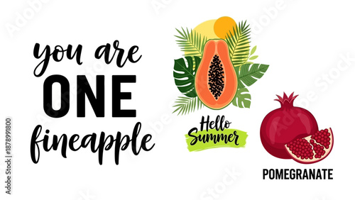 Summer fruits illustration features pomegranate, pineapple, and papaya in vibrant colors