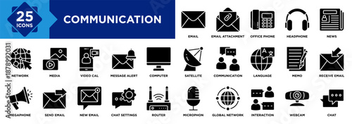 Communication icon collection set. Email, Video Cal, Interaction, News, Headphone, Office Phone, Microphon, Webcam, Chat, Media icon